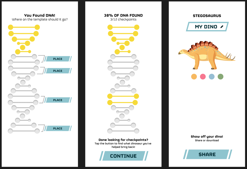 Three prototype screens showing the DNA collection process.